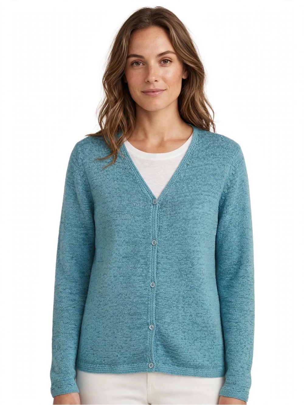 Pendleton Blue/Green Textured Knit V-Neck Button Cardigan Sweater M Cotton Blend